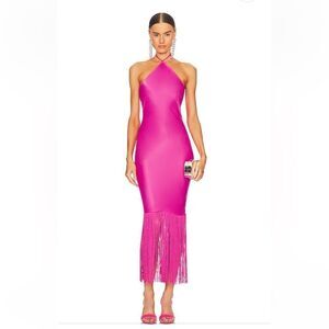 Camila Coelho Payton Maxi Dress hot pink long fringe hem slip halter Revolve XS